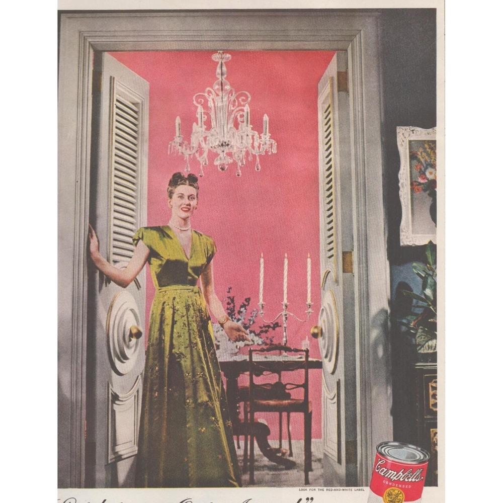 Vintage 1947 Campbell's Print Ad Cream Mushroom Soup Glamorous Hostess Decor